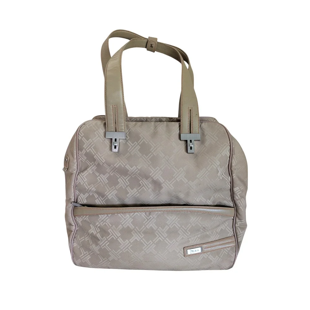 TUMI Signature Collection Logo Nylon Weekender Carry On Duffle Travel Bag Beige